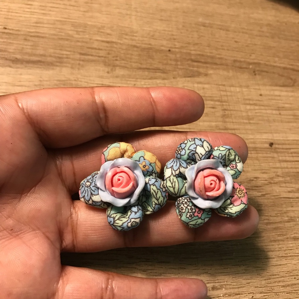 Floral Fabric Flower Clip-On Earrings with Pink Rose Center